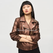 Joseph Ribkoff Metallic Faux Leather Biker Jacket - Style 234902 (Bronze)