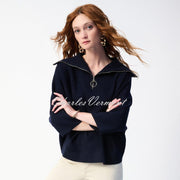 Joseph Ribkoff Zip Collar Sweater Top - Style 243954 (Midnight Blue)