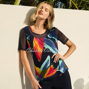 Frank Lyman Abstract Print Top With Mesh Sleeves - Style 256386