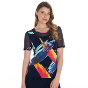 Frank Lyman Abstract Print Top With Mesh Sleeves - Style 256386