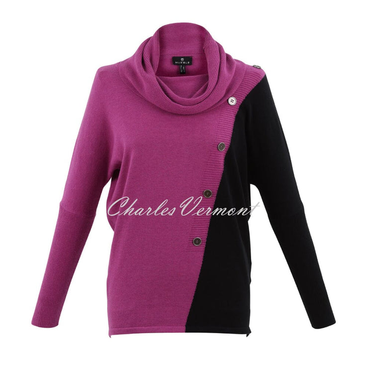  Marble Colour-Block Asymmetric Button Sweater - Style 7609-222 (Magenta / Black)