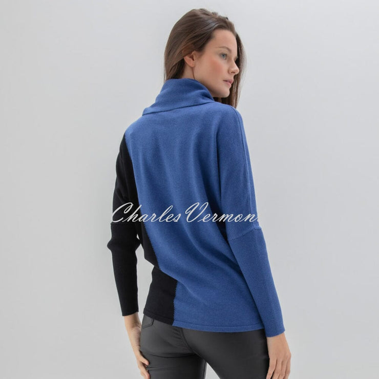 Marble Colour-Block Asymmetric Button Sweater - Style 7609-225 (Indigo / Black)