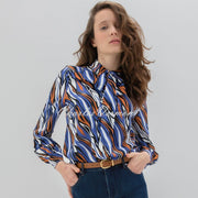 Marble Blouse With Bow Detail - Style 7690-225 (Indigo / Rust / Multi)