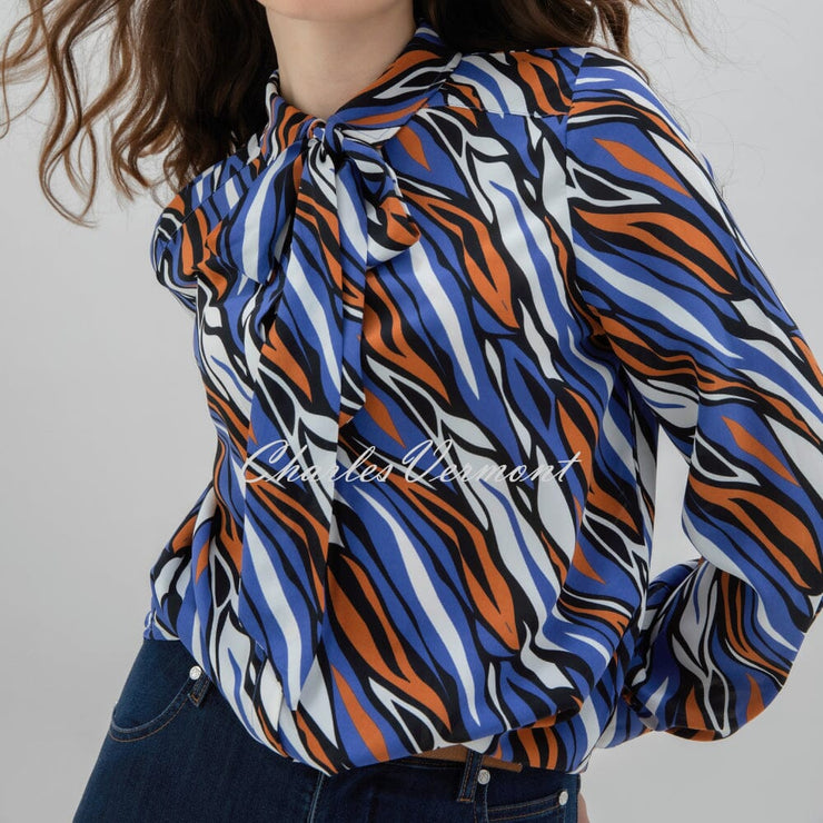 Marble Blouse With Bow Detail - Style 7690-225 (Indigo / Rust / Multi)