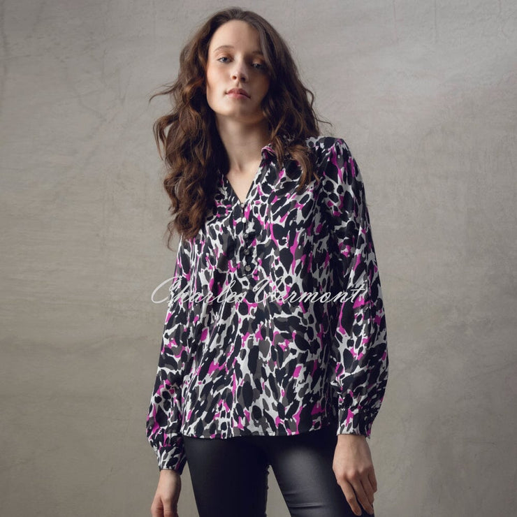 Marble Abstract Print Blouse - Style 7692-222 (Magenta / Black / Multi)