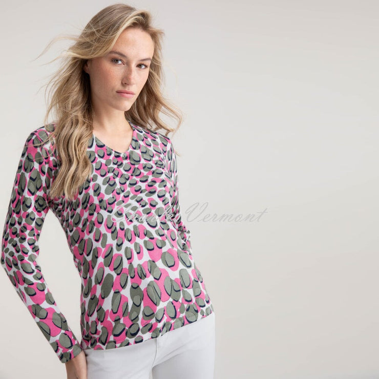 Marble V-Neck Abstract Print Sweater - Style 7808-123 (Khaki / Pink / Multi)