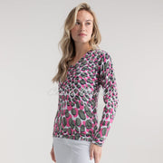 Marble V-Neck Abstract Print Sweater - Style 7808-123 (Khaki / Pink / Multi)