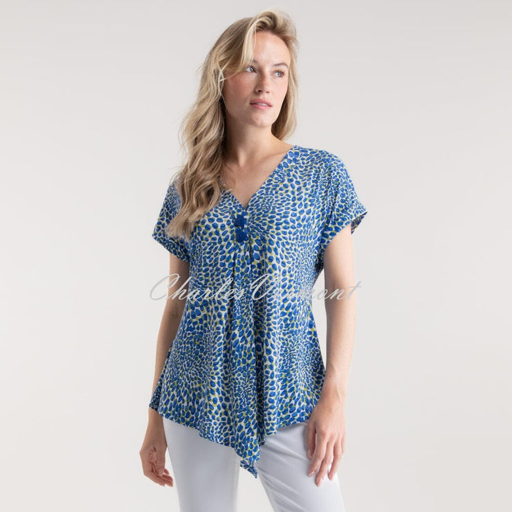 Marble Abstract Print V-Neck Tunic Top - Style 7936-153 (Cobalt  / Lime / Multi)