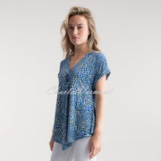 Marble Abstract Print V-Neck Tunic Top - Style 7936-153 (Cobalt  / Lime / Multi)