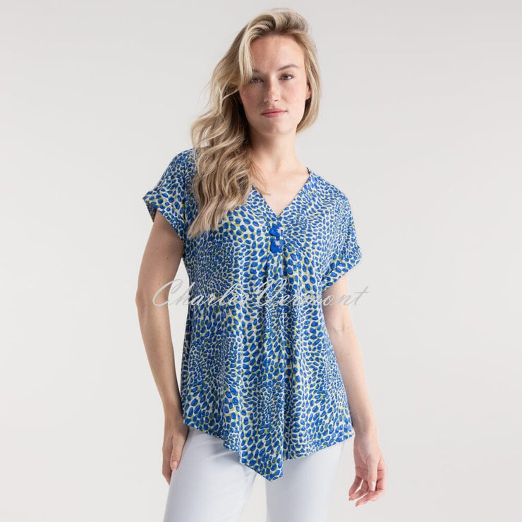 Marble Abstract Print V-Neck Tunic Top - Style 7936-153 (Cobalt  / Lime / Multi)