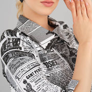 EverSassy Newspaper Print Button Up Longline Blouse - Style 12550