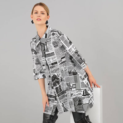 EverSassy Newspaper Print Button Up Longline Blouse - Style 12550